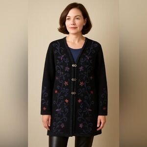 Simply Natural Toggle Front Long alpaca blend floral embroidery sweater Large